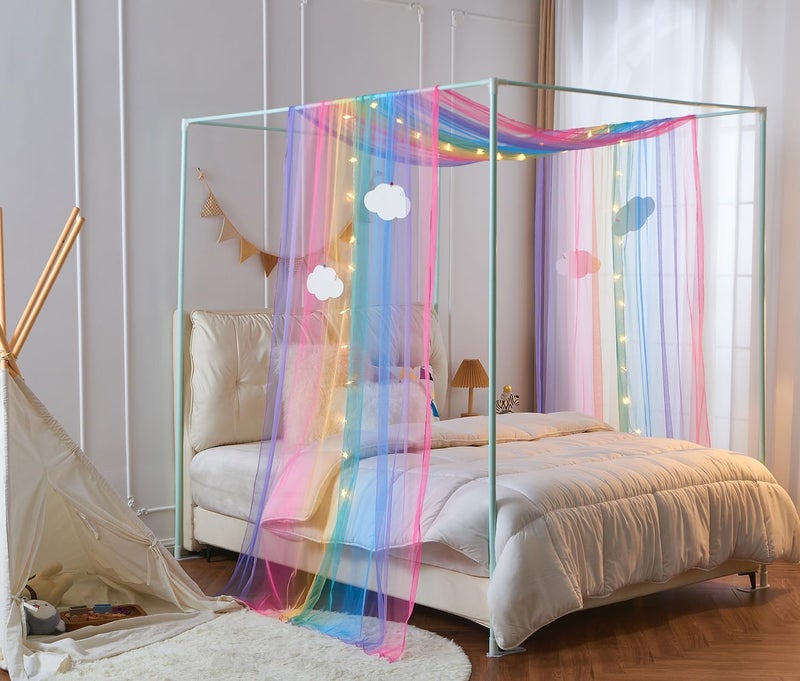 WANFASO Rainbow Princess Canopy Bed Curtain Queen, Bed Scarf Valance with Cloud Ornaments, Bed Canopy for Girls Bedding Decor (1 Panel, Full/Queen Size) - Image 3